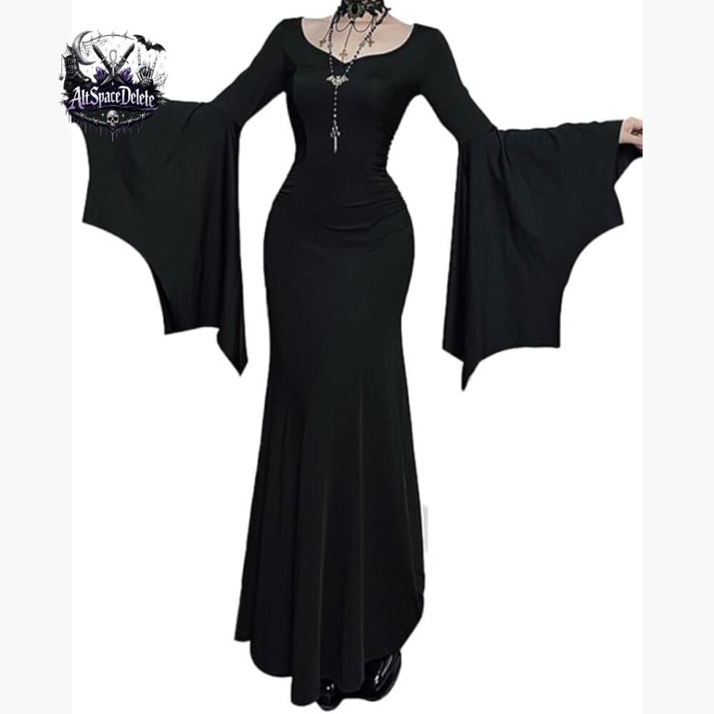 Gothic Bat Sleeve Fishtail Slim Fit Maxi Dress Polyester